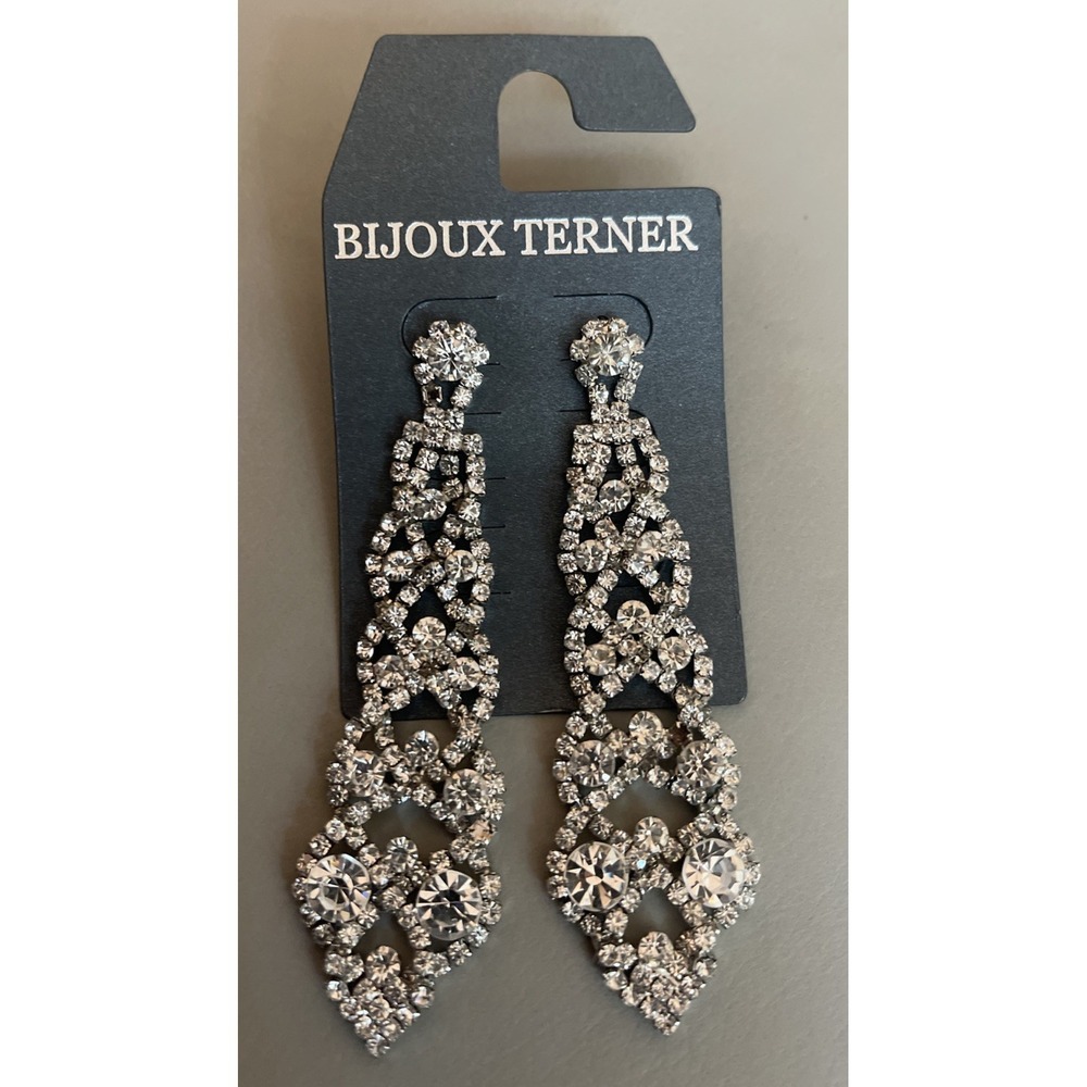 Vintage Bijoux Terner Rhinestone Dangle Drop Post Earrings Silver Tone Bling NIP
